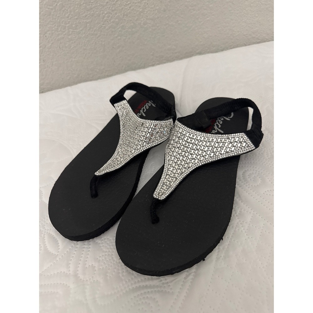 Skechers Yoga Foam Black Sequin Flip Flop Thong Slingback Comfort Sandals 9